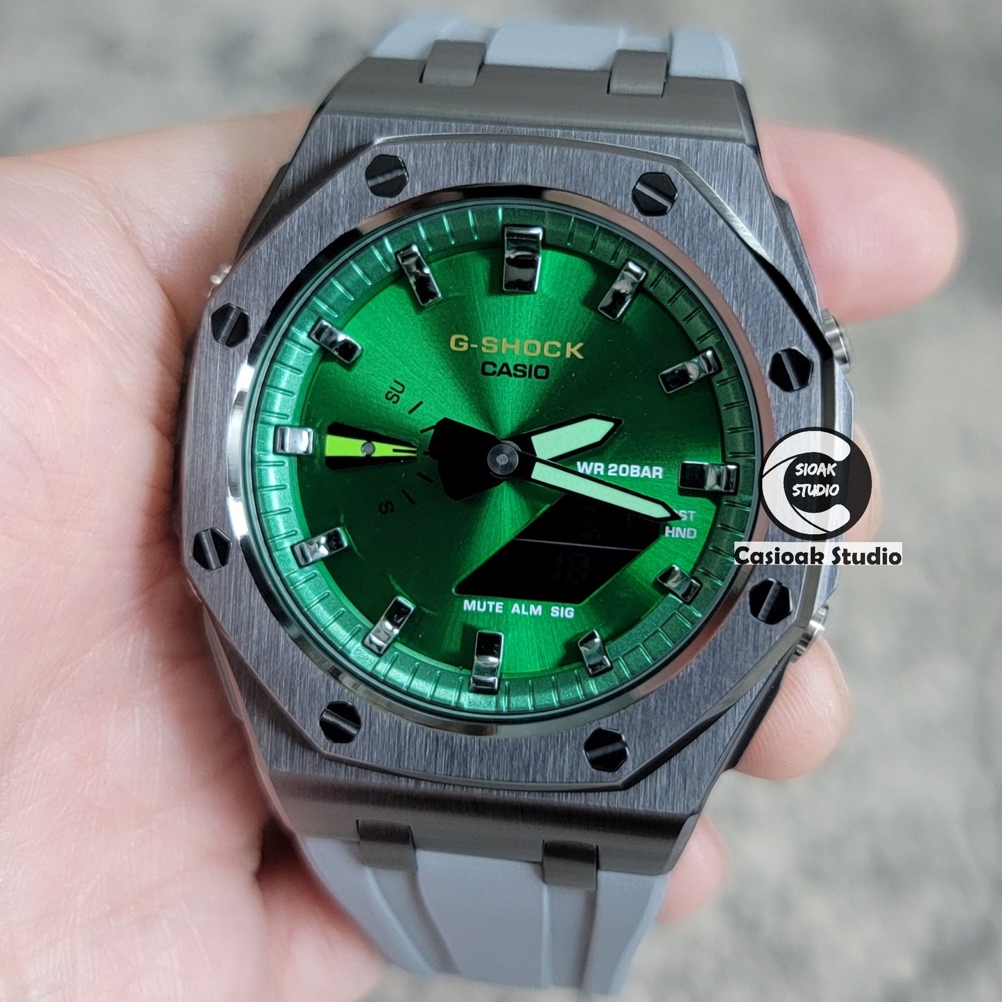 Casioak Mod Watch Offshore Superior Gray Case Black Rubber Strap Green Gray Time Mark Green Dial 44mm- Casioak Mod Casio G-Shock Royal Oak Custom Mens Luxury Watches Ga2100