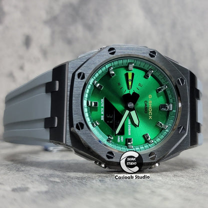 Casioak Mod Watch Offshore Superior Gray Case Black Rubber Strap Green Gray Time Mark Green Dial 44mm- Casioak Mod Casio G-Shock Royal Oak Custom Mens Luxury Watches Ga2100