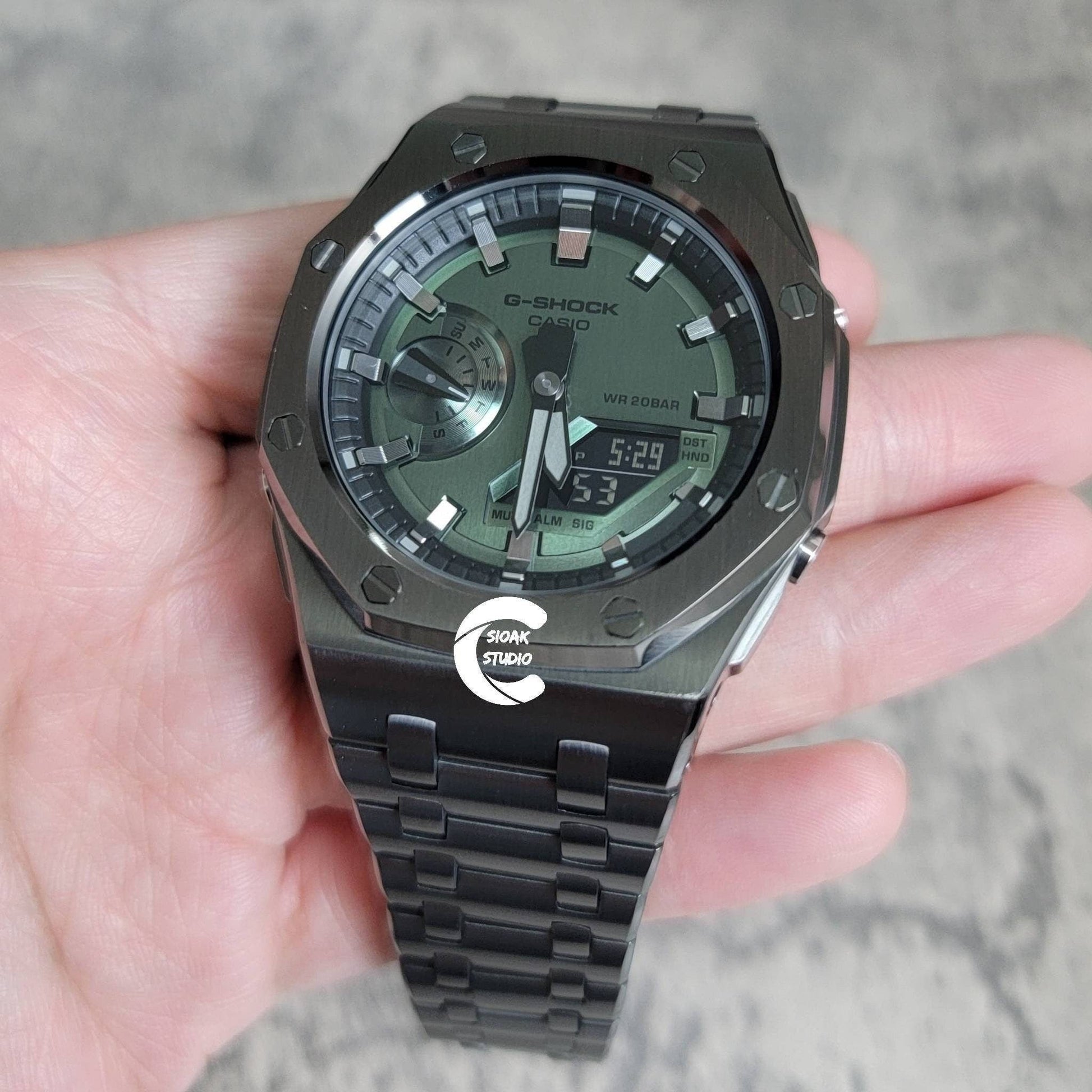 Casioak Mod Watch Offshore Superior Gray Case Metal Strap Black Gray Time Mark Olive Dial 44mm- Casioak Mod Casio G-Shock Royal Oak Custom Mens Luxury Watches Ga2100