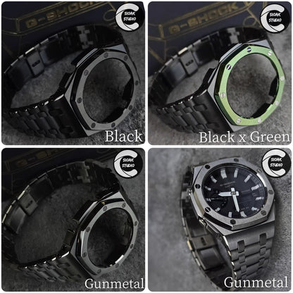 Casioak Mod Watch Offshore Superior Gray Case Metal Strap Black Gray Time Mark Olive Dial 44mm- Casioak Mod Casio G-Shock Royal Oak Custom Mens Luxury Watches Ga2100