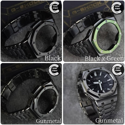 Casioak Mod Watch Offshore Superior Gray Case Metal Strap Black Rainbiw Time Mark Black Waffle Dial 44mm- Casioak Mod Casio G-Shock Royal Oak Custom Mens Luxury Watches Ga2100