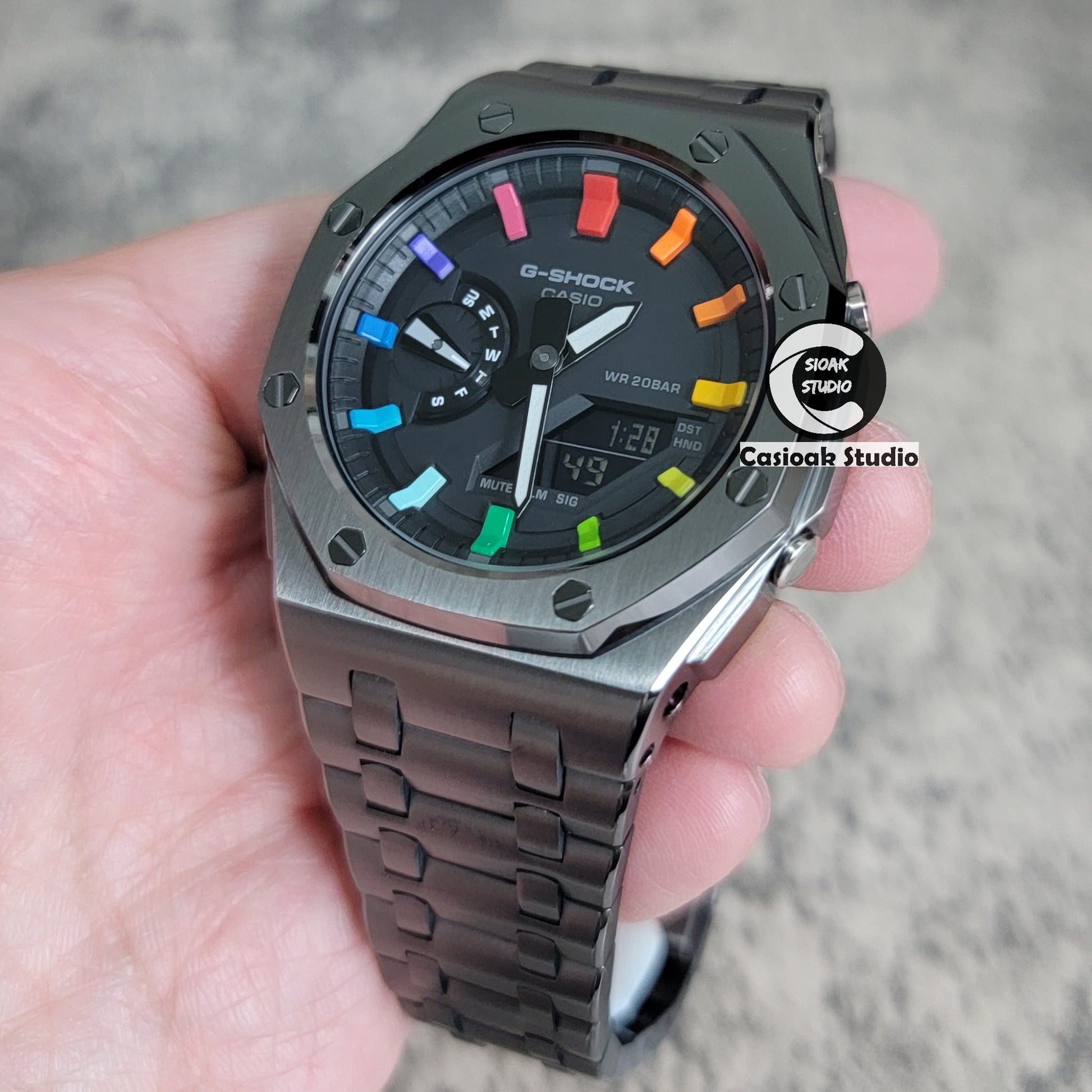 Casioak Mod Watch Offshore Superior Gray Case Metal Strap Black Rainbow Time Mark Black Dial 44mm- Casioak Mod Casio G-Shock Royal Oak Custom Mens Luxury Watches Ga2100