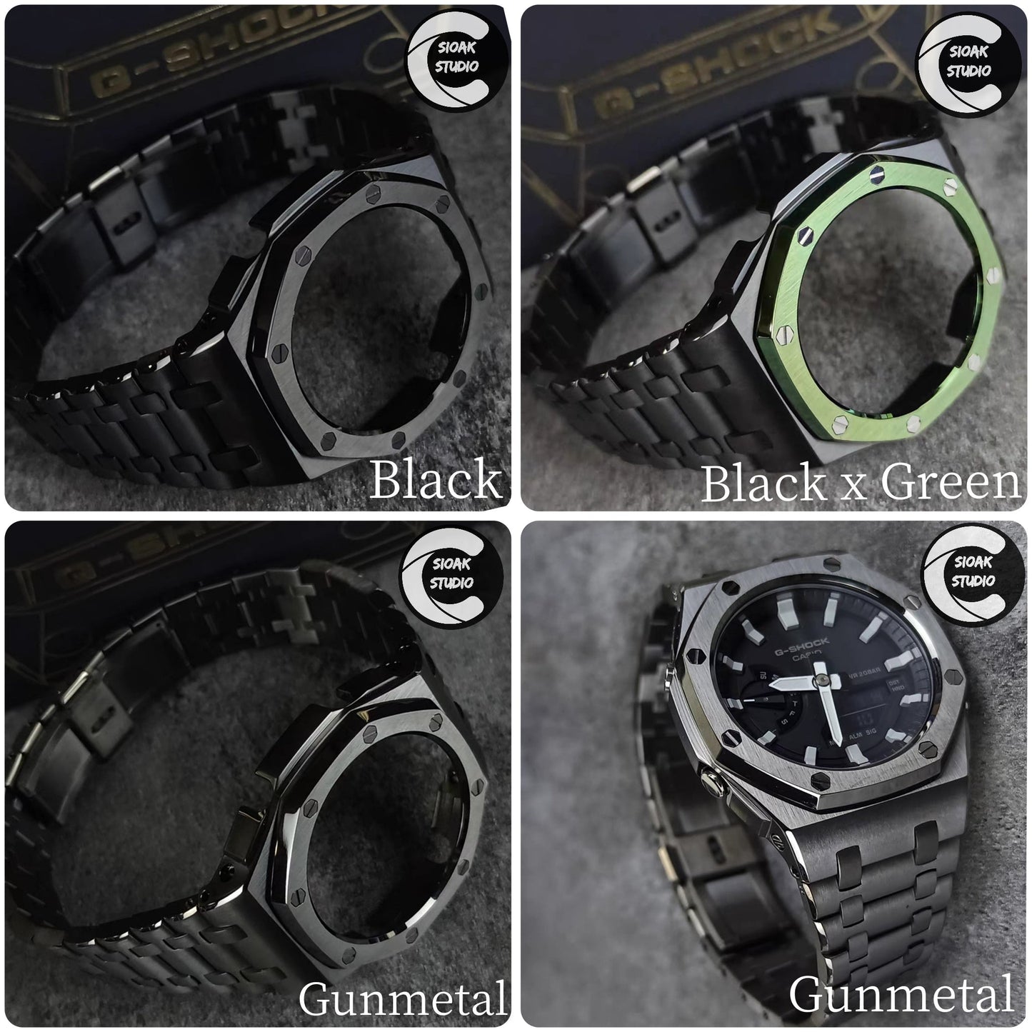 Casioak Mod Watch Offshore Superior Gray Case Metal Strap Black Rainbow Time Mark Black Dial 44mm- Casioak Mod Casio G-Shock Royal Oak Custom Mens Luxury Watches Ga2100