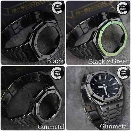 Casioak Mod Watch Offshore Superior Gray Case Metal Strap Black Silver Time Mark Music Dial 44mm- Casioak Mod Casio G-Shock Royal Oak Custom Mens Luxury Watches Ga2100