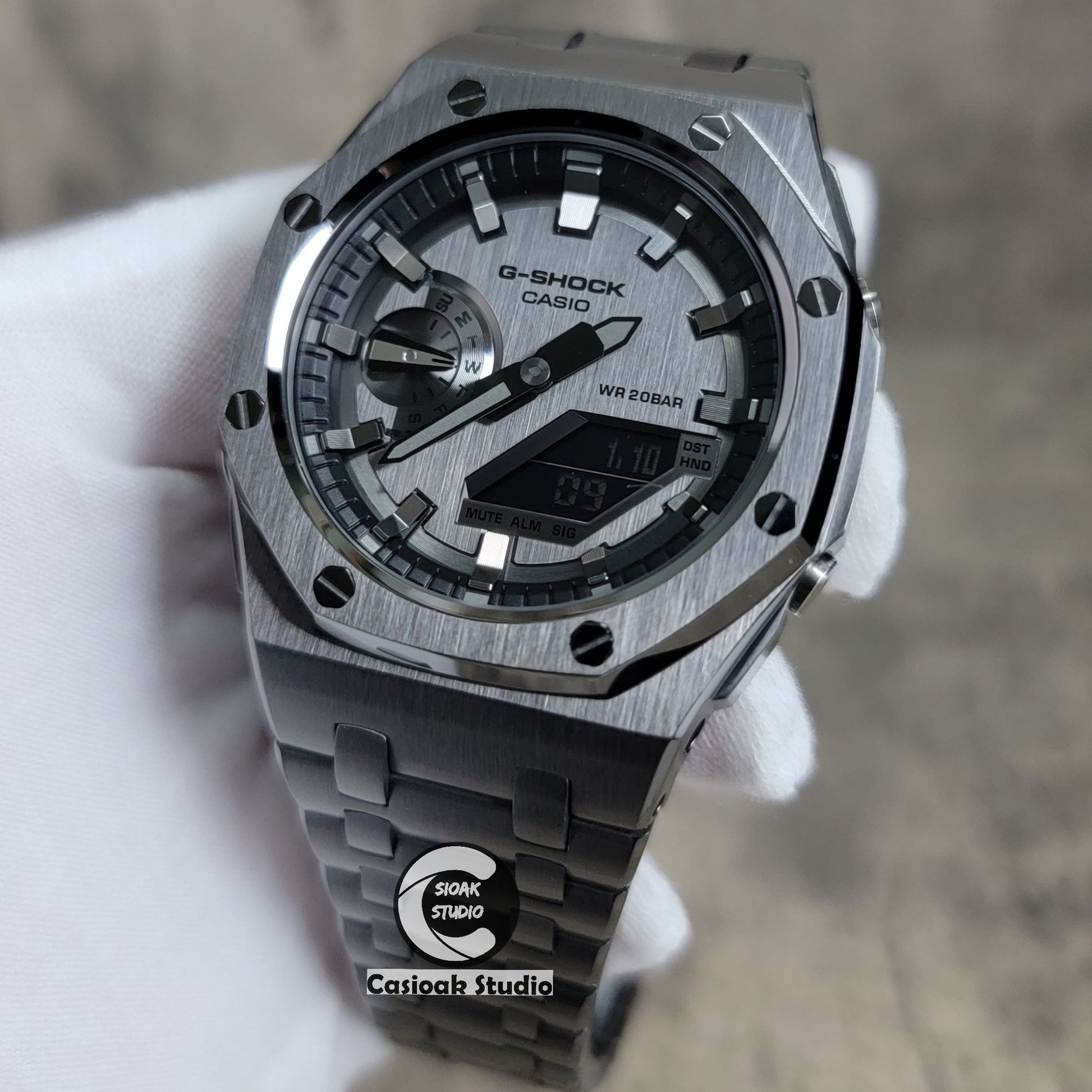 Casioak Mod Watch Offshore Superior Gray Case Metal Strap Gray Silver Time Mark Gray Dial 44mm- Casioak Mod Casio G-Shock Royal Oak Custom Mens Luxury Watches Ga2100