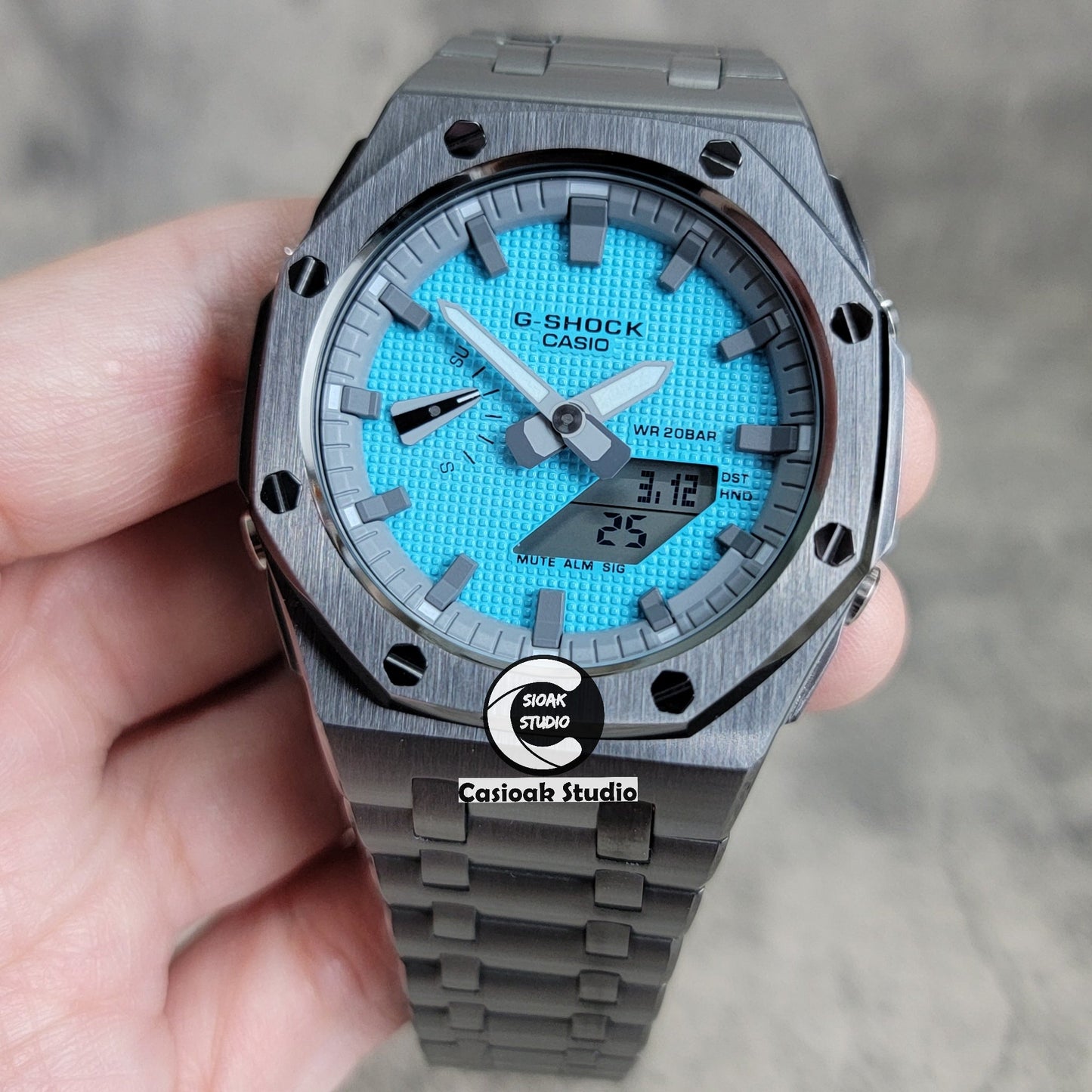 Casioak Mod Watch Offshore Superior Gray Case Metal Strap Gray Time Mark Tiff Blue Dial 44mm- Casioak Mod Casio G-Shock Royal Oak Custom Mens Luxury Watches Ga2100