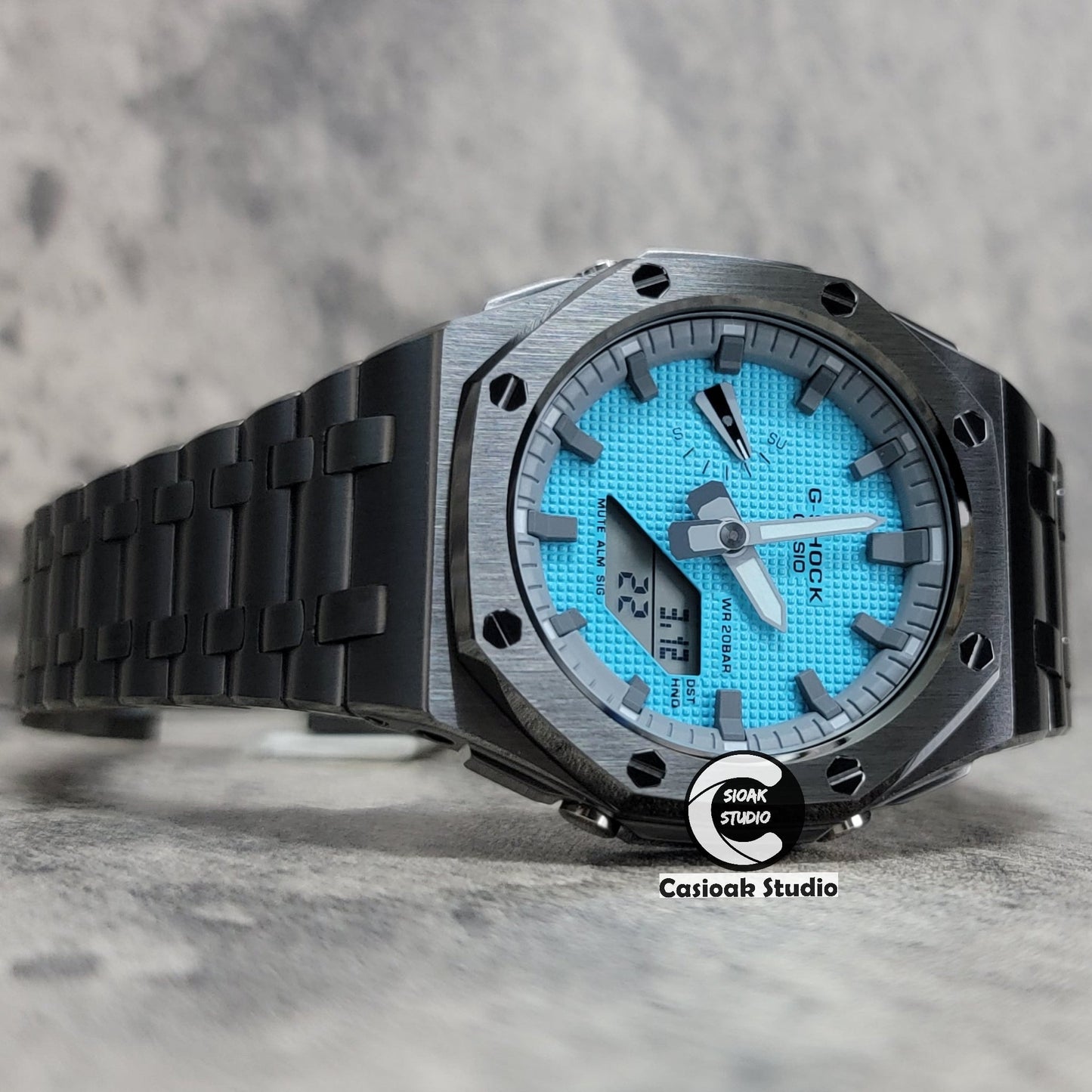 Casioak Mod Watch Offshore Superior Gray Case Metal Strap Gray Time Mark Tiff Blue Dial 44mm- Casioak Mod Casio G-Shock Royal Oak Custom Mens Luxury Watches Ga2100