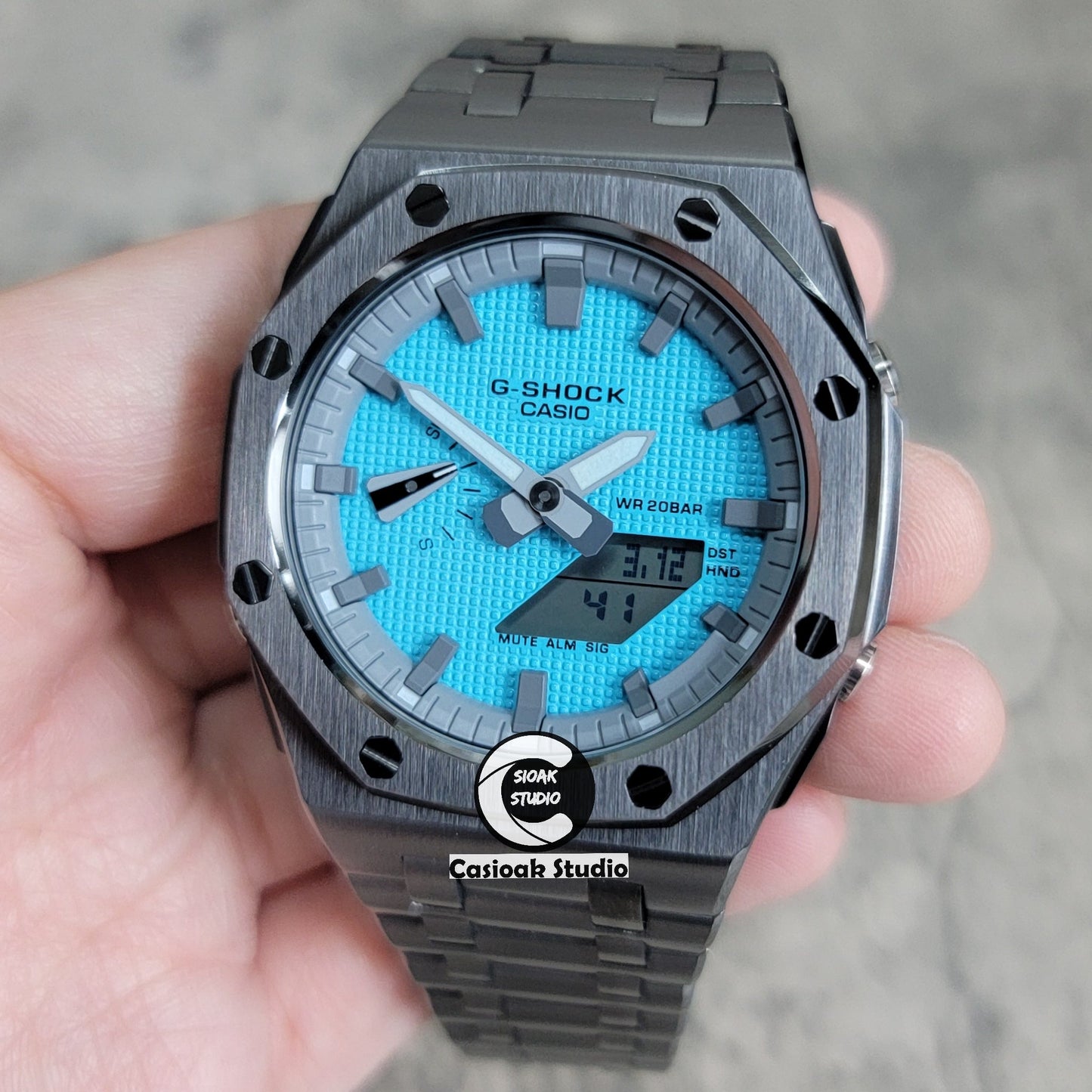 Casioak Mod Watch Offshore Superior Gray Case Metal Strap Gray Time Mark Tiff Blue Dial 44mm- Casioak Mod Casio G-Shock Royal Oak Custom Mens Luxury Watches Ga2100