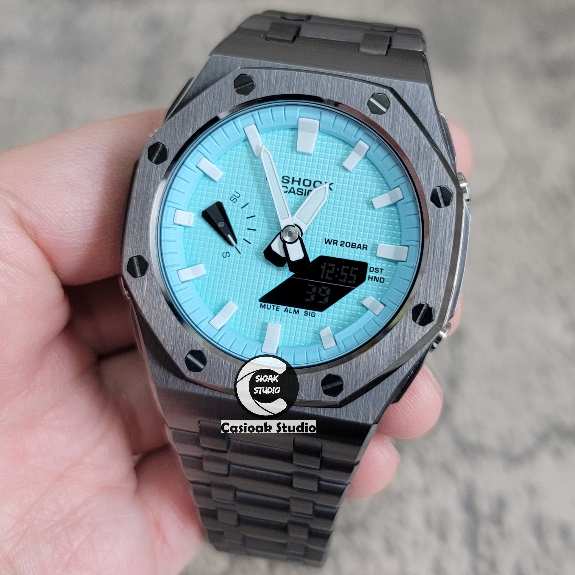 Casioak Mod Watch Offshore Superior Gray Case Metal Strap Tiff White Time Mark Tiff Blue Dial 44mm- Casioak Mod Casio G-Shock Royal Oak Custom Mens Luxury Watches Ga2100