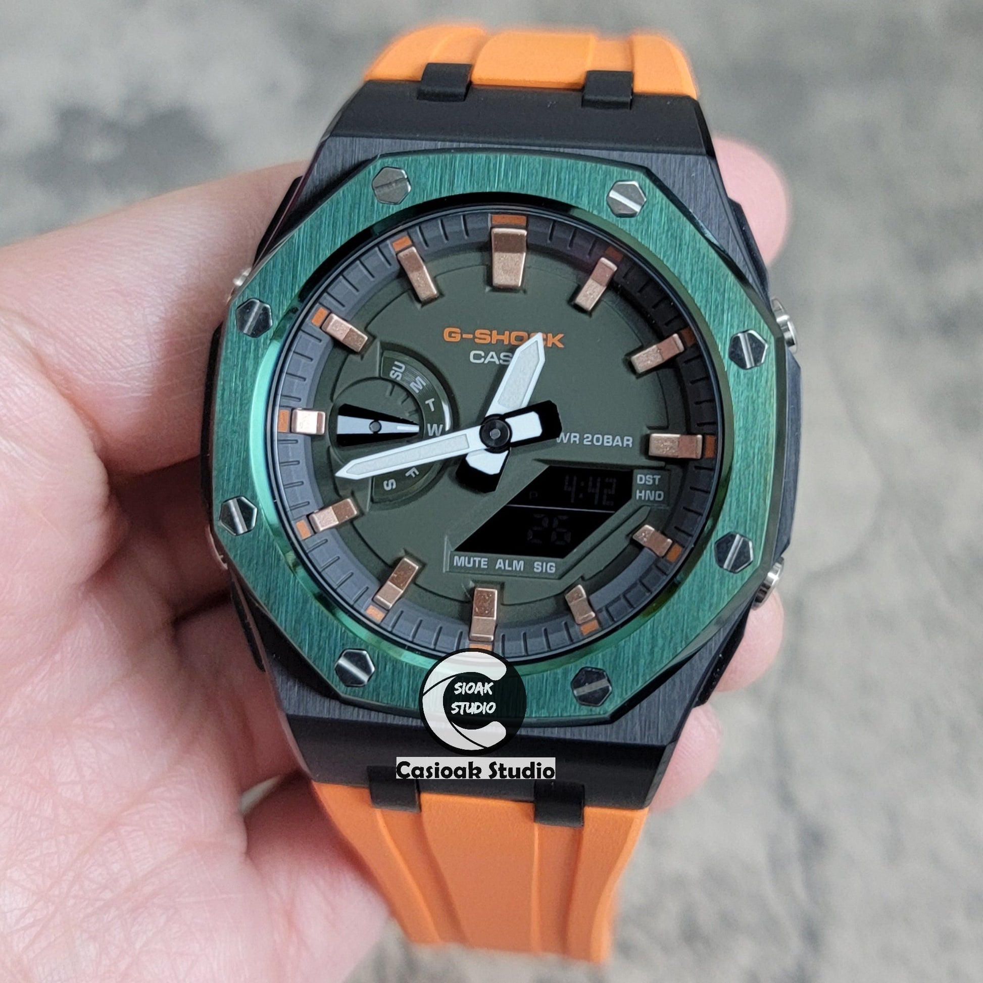 Casioak Mod Watch Offshore Superior Green Black Case Orange Rubber Rubber Strap Black Rose Gold Time Mark OIive Dial 44mm- Casioak Mod Casio G-Shock Royal Oak Custom Mens Luxury Watches Ga2100