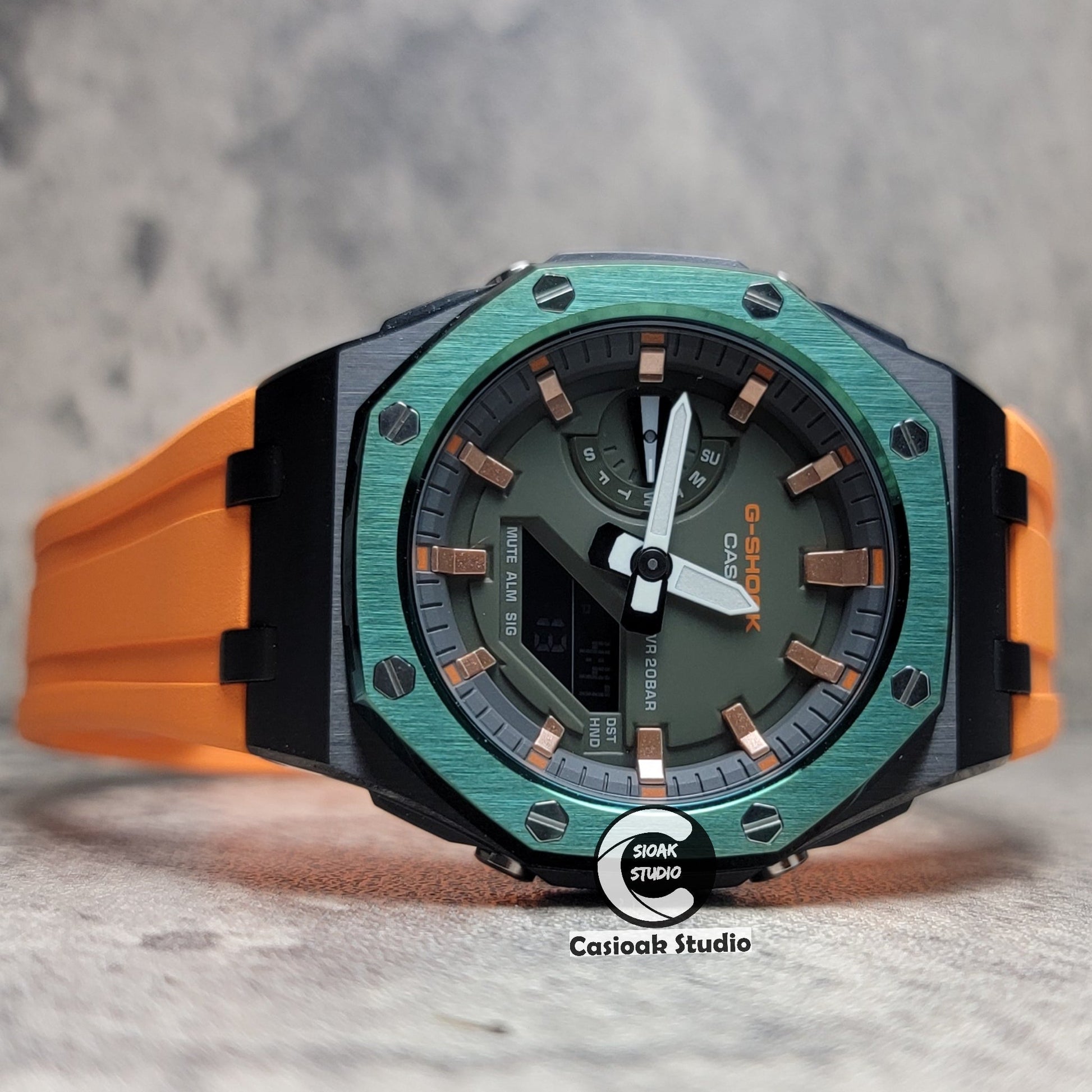 Casioak Mod Watch Offshore Superior Green Black Case Orange Rubber Rubber Strap Black Rose Gold Time Mark OIive Dial 44mm- Casioak Mod Casio G-Shock Royal Oak Custom Mens Luxury Watches Ga2100