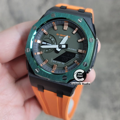 Casioak Mod Watch Offshore Superior Green Black Case Orange Rubber Rubber Strap Black Rose Gold Time Mark OIive Dial 44mm- Casioak Mod Casio G-Shock Royal Oak Custom Mens Luxury Watches Ga2100