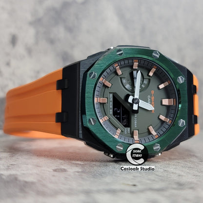 Casioak Mod Watch Offshore Superior Green Black Case Orange Rubber Rubber Strap Black Rose Gold Time Mark OIive Dial 44mm- Casioak Mod Casio G-Shock Royal Oak Custom Mens Luxury Watches Ga2100