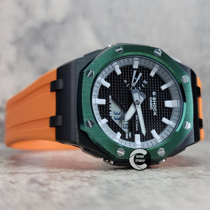 Casioak Mod Watch Offshore Superior Green Black Case Orange Rubber Rubber Strap Gray White Time Mark Black Dial 44mm- Casioak Mod Casio G-Shock Royal Oak Custom Mens Luxury Watches Ga2100