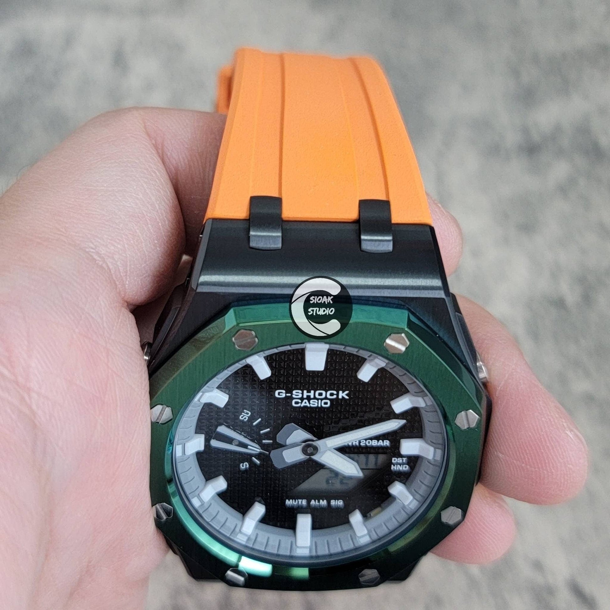 Casioak Mod Watch Offshore Superior Green Black Case Orange Rubber Rubber Strap Gray White Time Mark Black Dial 44mm- Casioak Mod Casio G-Shock Royal Oak Custom Mens Luxury Watches Ga2100