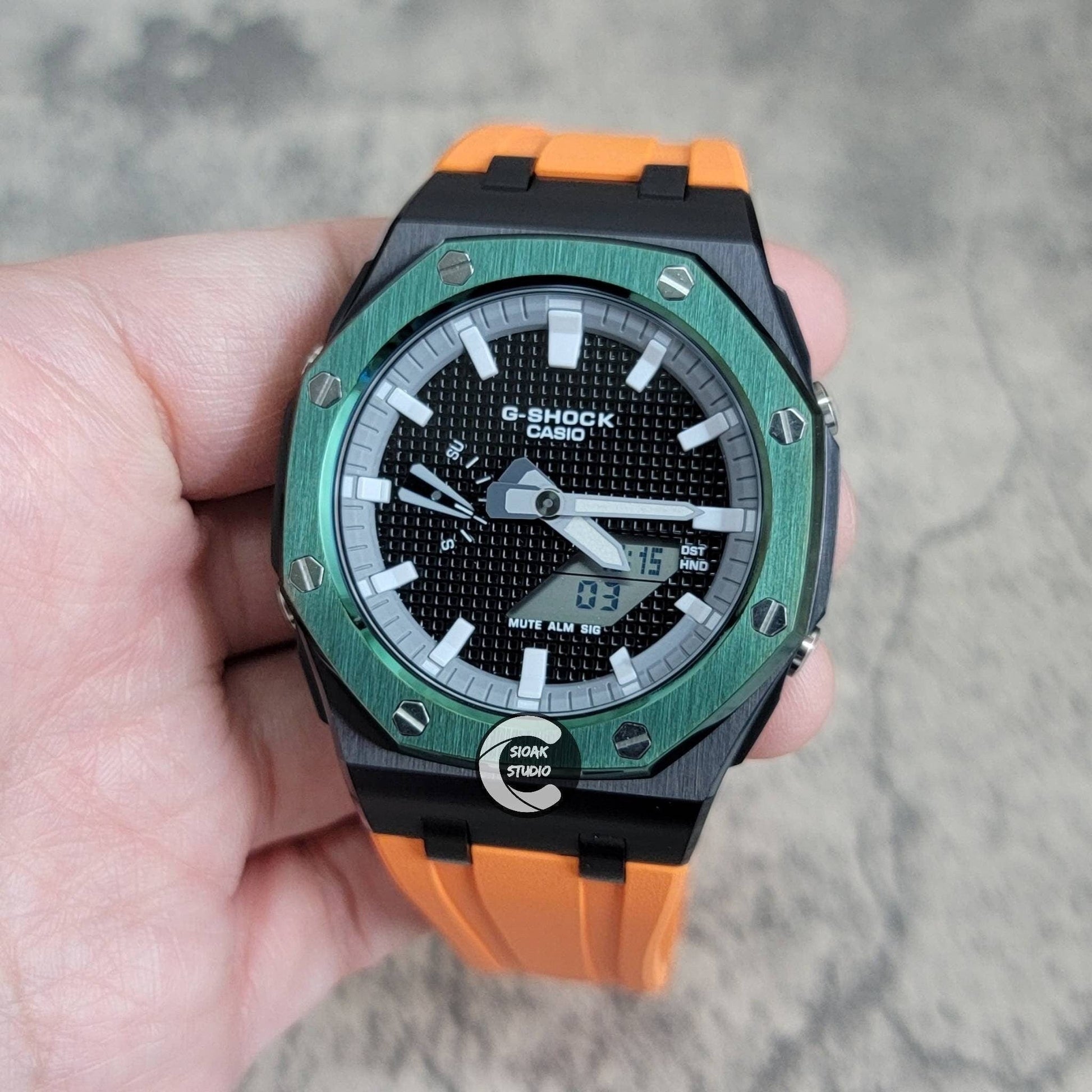 Casioak Mod Watch Offshore Superior Green Black Case Orange Rubber Rubber Strap Gray White Time Mark Black Dial 44mm- Casioak Mod Casio G-Shock Royal Oak Custom Mens Luxury Watches Ga2100