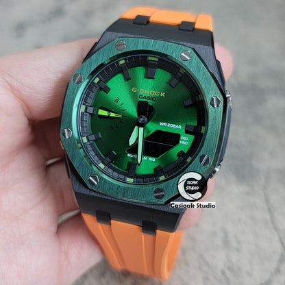 Casioak Mod Watch Offshore Superior Green Black Case Orange Rubber Strap Black Time Mark Green Dial 44mm- Casioak Mod Casio G-Shock Royal Oak Custom Mens Luxury Watches Ga2100