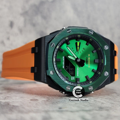 Casioak Mod Watch Offshore Superior Green Black Case Orange Rubber Strap Black Time Mark Green Dial 44mm- Casioak Mod Casio G-Shock Royal Oak Custom Mens Luxury Watches Ga2100