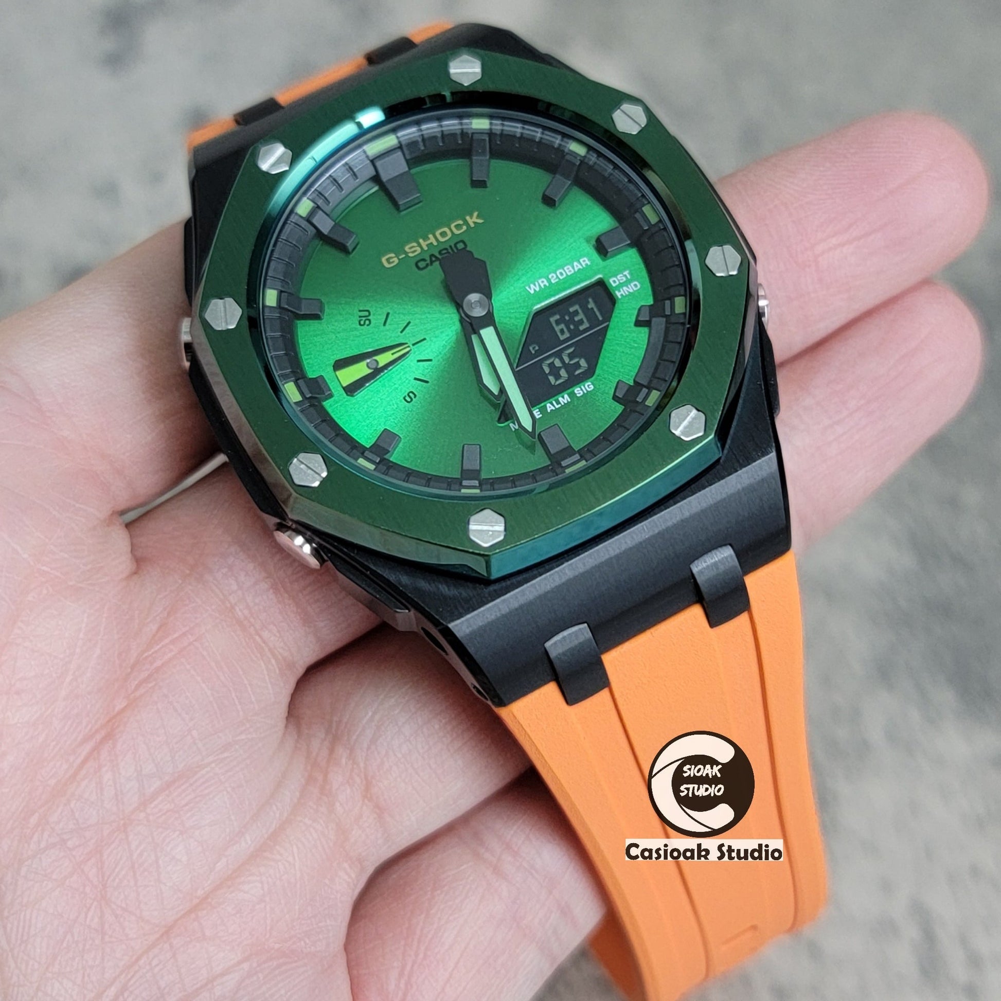 Casioak Mod Watch Offshore Superior Green Black Case Orange Rubber Strap Black Time Mark Green Dial 44mm- Casioak Mod Casio G-Shock Royal Oak Custom Mens Luxury Watches Ga2100