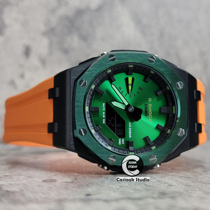 Casioak Mod Watch Offshore Superior Green Black Case Orange Rubber Strap Black Time Mark Green Dial 44mm- Casioak Mod Casio G-Shock Royal Oak Custom Mens Luxury Watches Ga2100