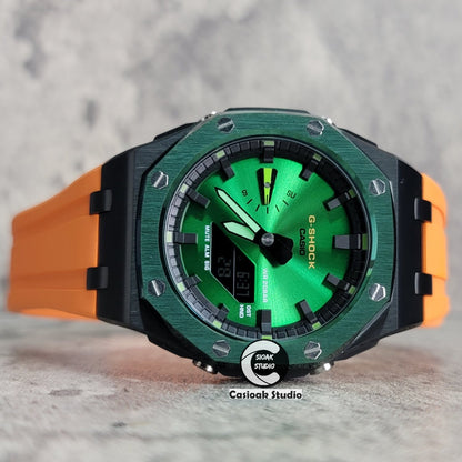 Casioak Mod Watch Offshore Superior Green Black Case Orange Rubber Strap Black Time Mark Green Dial 44mm- Casioak Mod Casio G-Shock Royal Oak Custom Mens Luxury Watches Ga2100