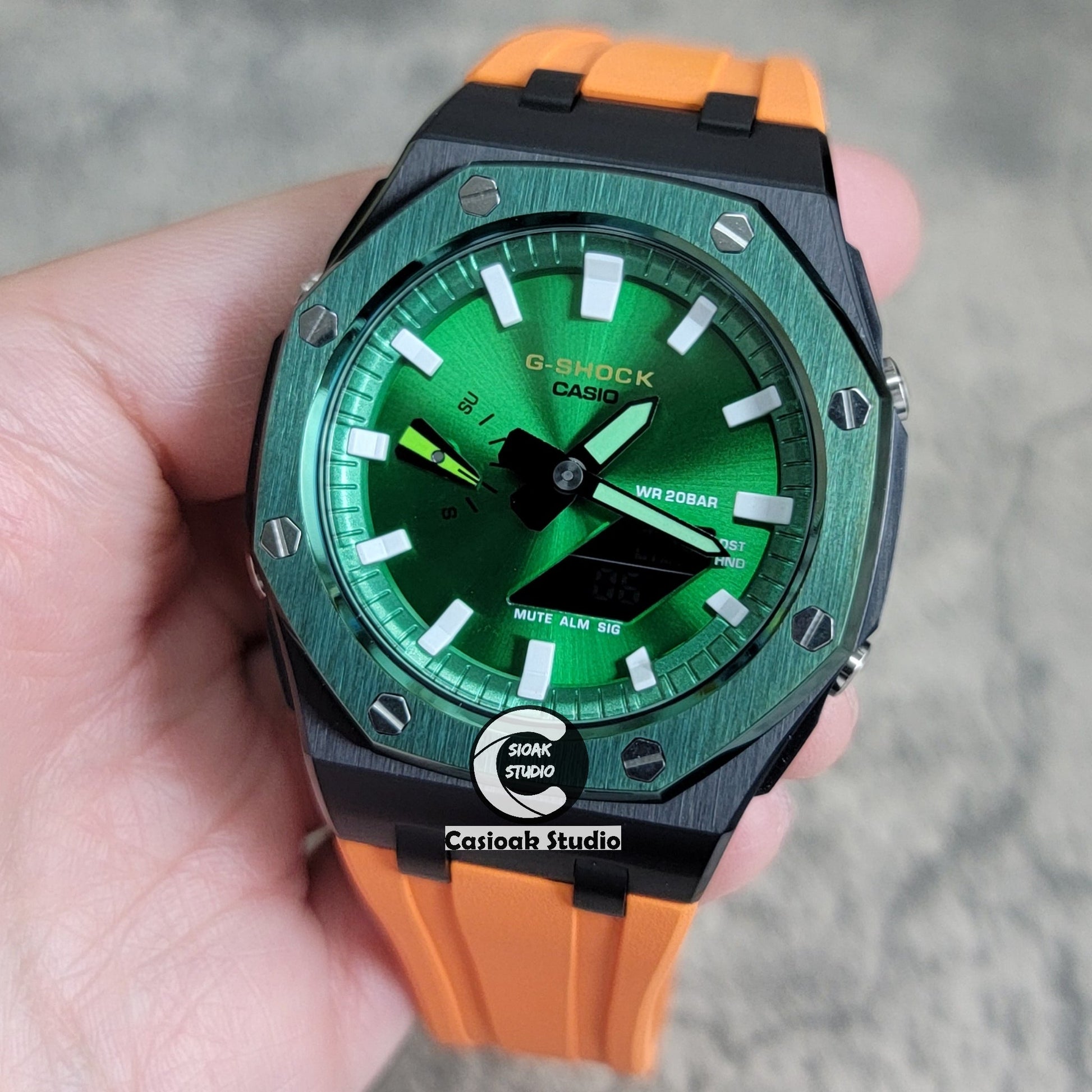 Casioak Mod Watch Offshore Superior Green Black Case Orange Rubber Strap Green White Time Mark Green Dial 44mm- Casioak Mod Casio G-Shock Royal Oak Custom Mens Luxury Watches Ga2100