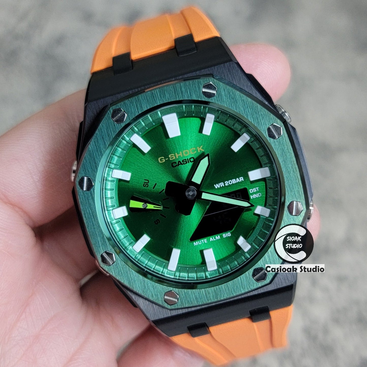 Casioak Mod Watch Offshore Superior Green Black Case Orange Rubber Strap Green White Time Mark Green Dial 44mm- Casioak Mod Casio G-Shock Royal Oak Custom Mens Luxury Watches Ga2100