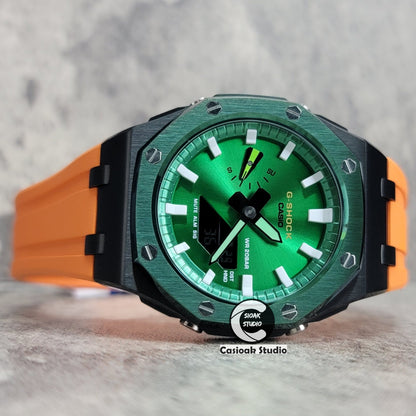 Casioak Mod Watch Offshore Superior Green Black Case Orange Rubber Strap Green White Time Mark Green Dial 44mm- Casioak Mod Casio G-Shock Royal Oak Custom Mens Luxury Watches Ga2100