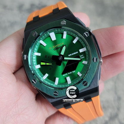 Casioak Mod Watch Offshore Superior Green Black Case Orange Rubber Strap Green White Time Mark Green Dial 44mm- Casioak Mod Casio G-Shock Royal Oak Custom Mens Luxury Watches Ga2100