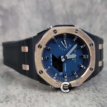 Casioak Mod Watch Offshore Superior Rose Gold Black Case Black Rubber Rubber Strap Blue Gray Time Mark Blue Dial 44mm- Casioak Mod Casio G-Shock Royal Oak Custom Mens Luxury Watches Ga2100