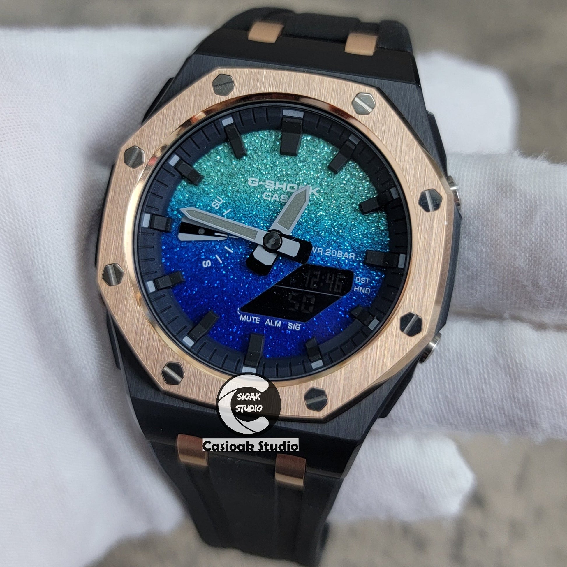 Casioak Mod Watch Offshore Superior Rose Gold Black Case Black Rubber Strap Blue Black Time Mark Blue Waffle Dial 44mm- Casioak Mod Casio G-Shock Royal Oak Custom Mens Luxury Watches Ga2100