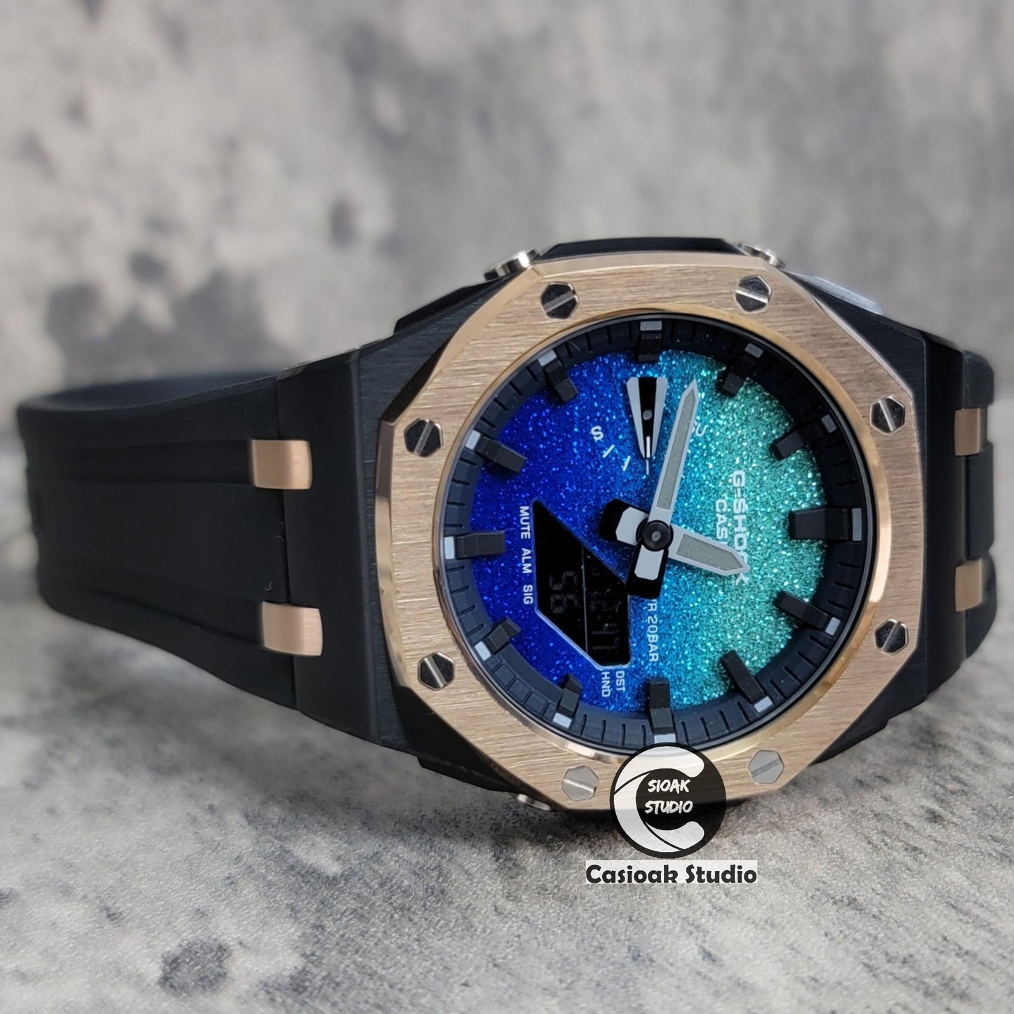 Casioak Mod Watch Offshore Superior Rose Gold Black Case Black Rubber Strap Blue Black Time Mark Blue Waffle Dial 44mm- Casioak Mod Casio G-Shock Royal Oak Custom Mens Luxury Watches Ga2100