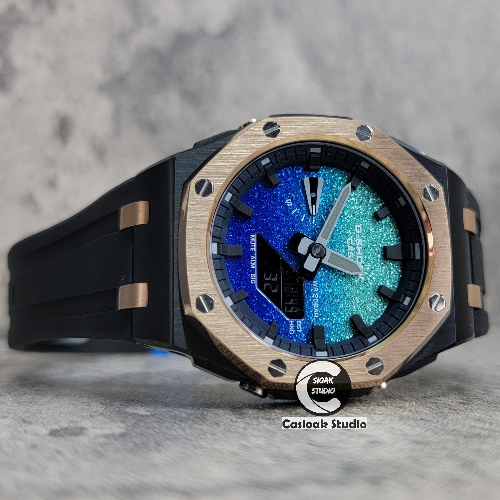 Casioak Mod Watch Offshore Superior Rose Gold Black Case Black Rubber Strap Blue Black Time Mark Blue Waffle Dial 44mm- Casioak Mod Casio G-Shock Royal Oak Custom Mens Luxury Watches Ga2100