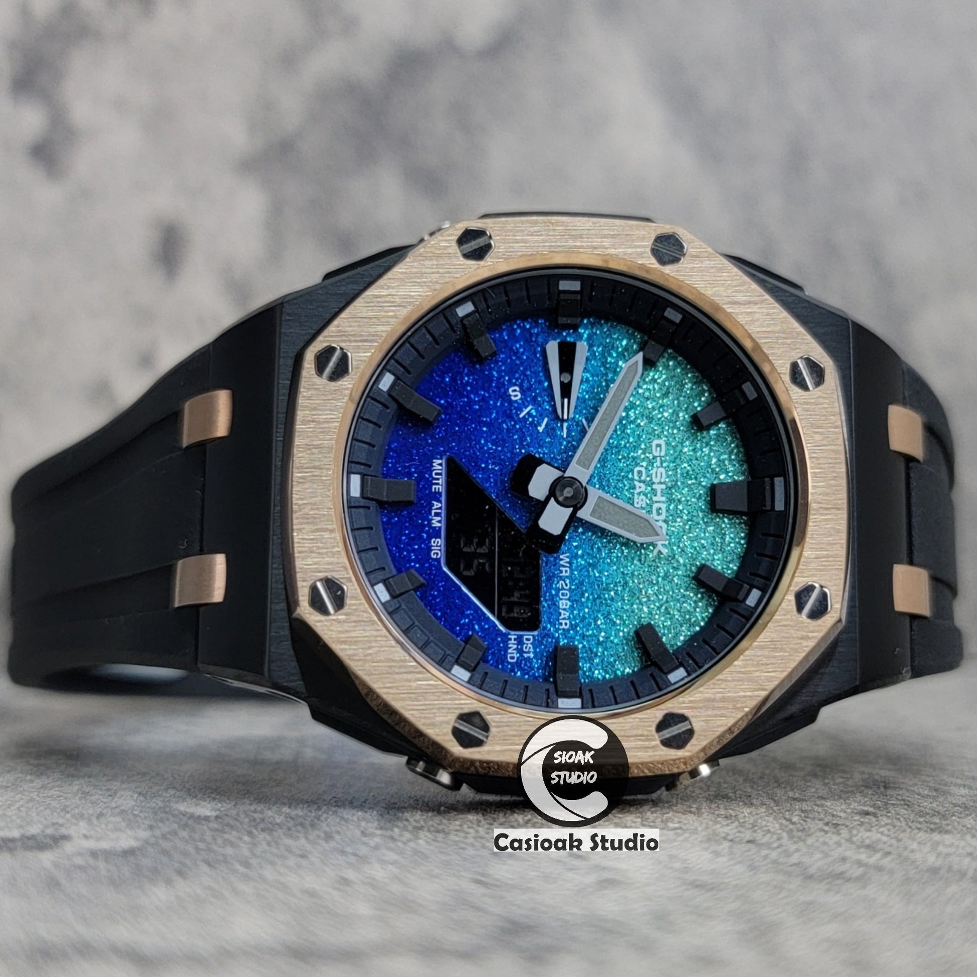 Casioak Mod Watch Offshore Superior Rose Gold Black Case Black Rubber Strap Blue Black Time Mark Blue Waffle Dial 44mm- Casioak Mod Casio G-Shock Royal Oak Custom Mens Luxury Watches Ga2100