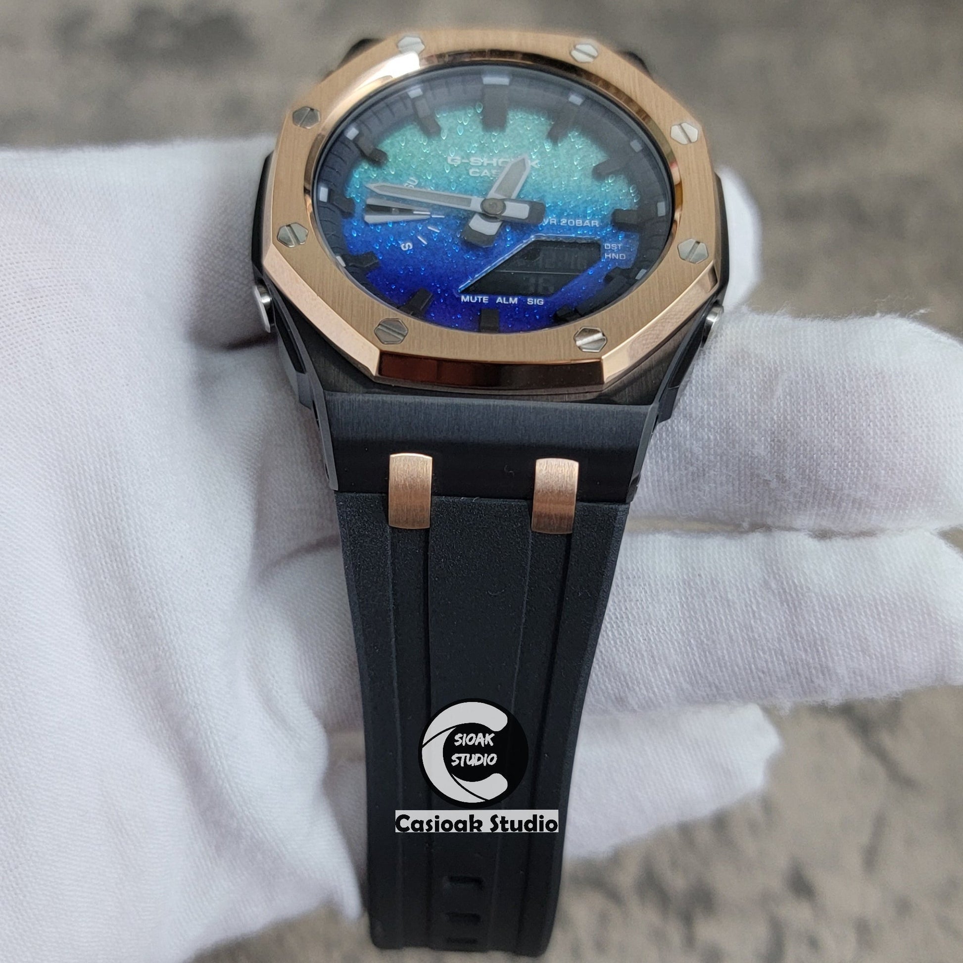 Casioak Mod Watch Offshore Superior Rose Gold Black Case Black Rubber Strap Blue Black Time Mark Blue Waffle Dial 44mm- Casioak Mod Casio G-Shock Royal Oak Custom Mens Luxury Watches Ga2100