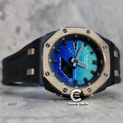 Casioak Mod Watch Offshore Superior Rose Gold Black Case Black Rubber Strap Blue Black Time Mark Blue Waffle Dial 44mm- Casioak Mod Casio G-Shock Royal Oak Custom Mens Luxury Watches Ga2100