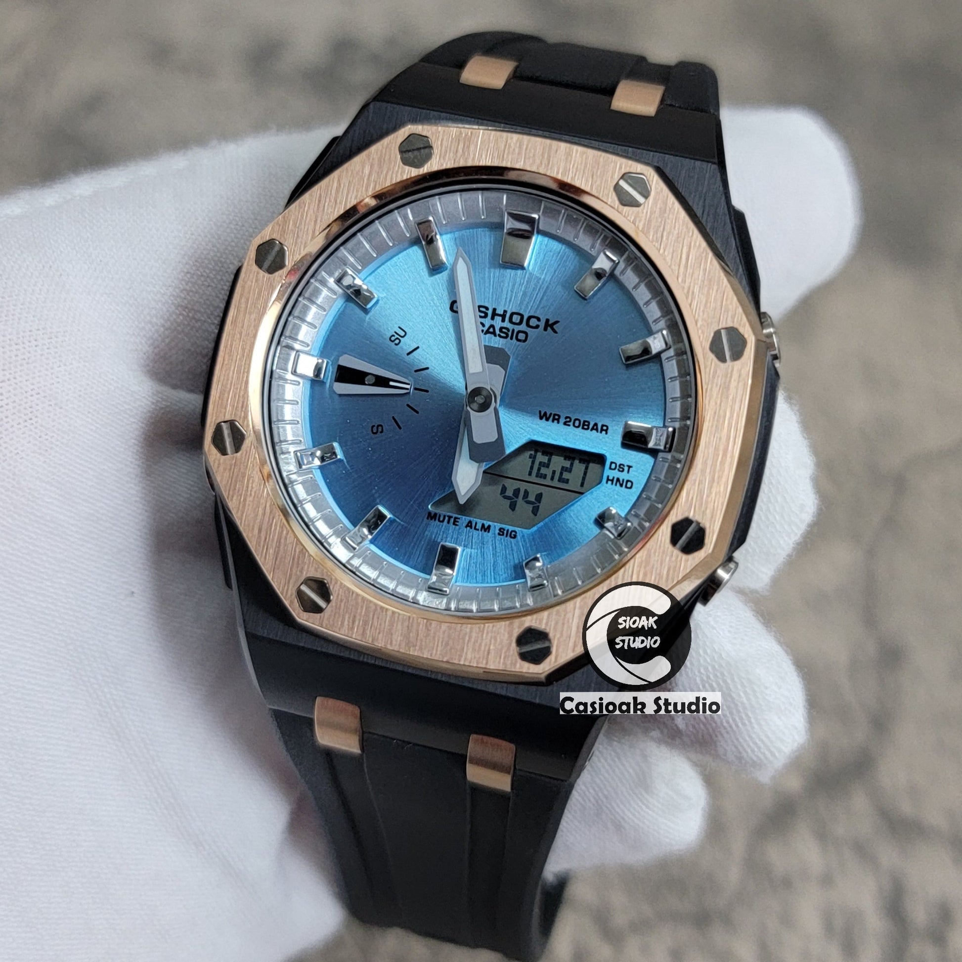 Casioak Mod Watch Offshore Superior Rose Gold Black Case Black Rubber Strap Silver Time Mark Ice Blue Dial 44mm- Casioak Mod Casio G-Shock Royal Oak Custom Mens Luxury Watches Ga2100