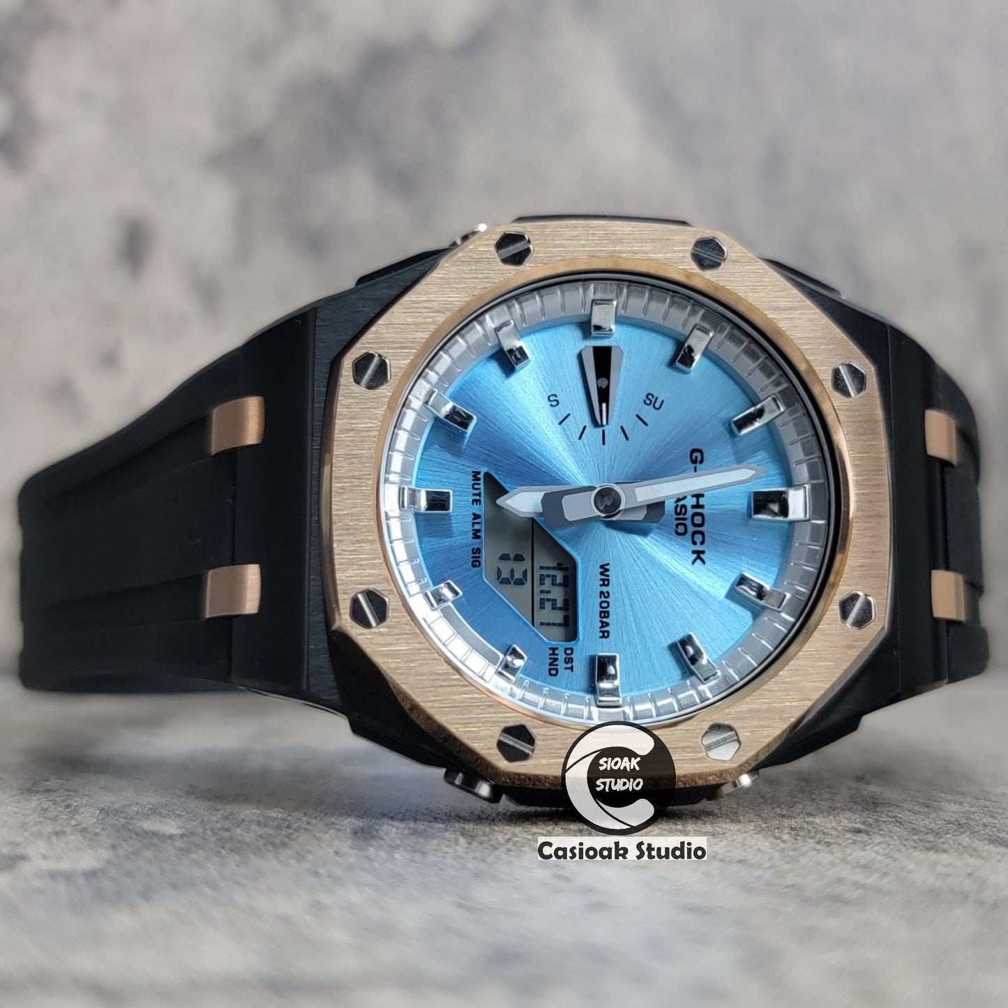 Casioak Mod Watch Offshore Superior Rose Gold Black Case Black Rubber Strap Silver Time Mark Ice Blue Dial 44mm- Casioak Mod Casio G-Shock Royal Oak Custom Mens Luxury Watches Ga2100