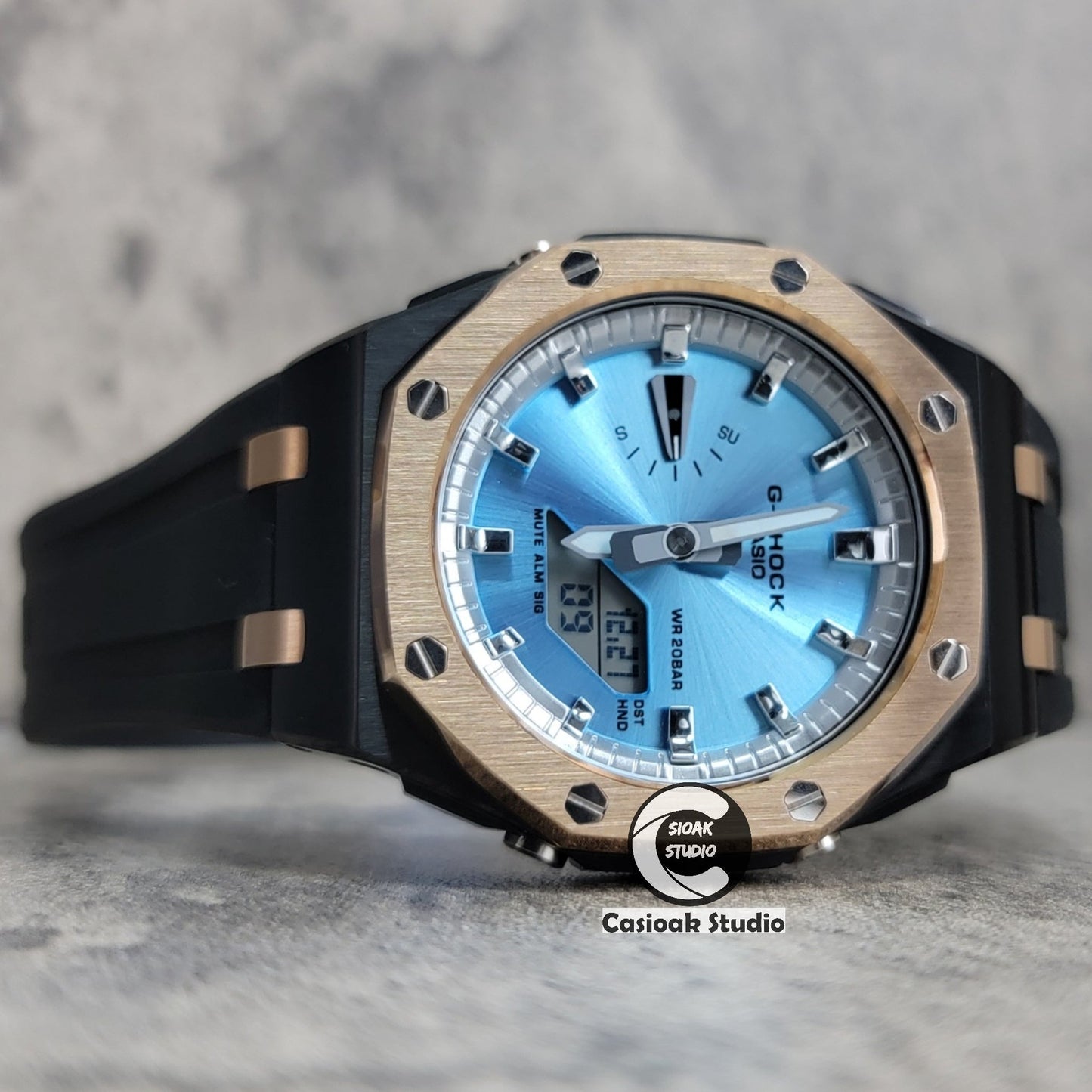 Casioak Mod Watch Offshore Superior Rose Gold Black Case Black Rubber Strap Silver Time Mark Ice Blue Dial 44mm- Casioak Mod Casio G-Shock Royal Oak Custom Mens Luxury Watches Ga2100