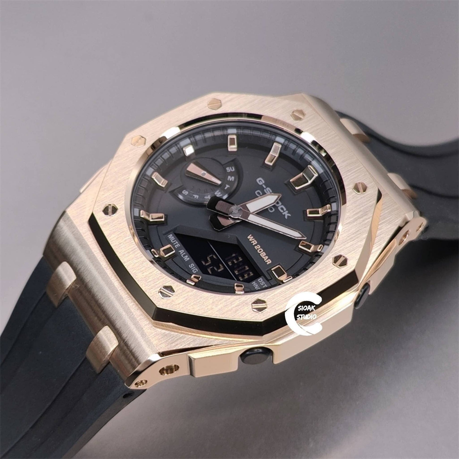 Casioak Mod Watch Offshore Superior Rose Gold Case Black Rubber Rubber Strap Black Rose Gold Time Mark Black Dial 42mm- Casioak Mod Casio G-Shock Royal Oak Custom Mens Luxury Watches Ga2100