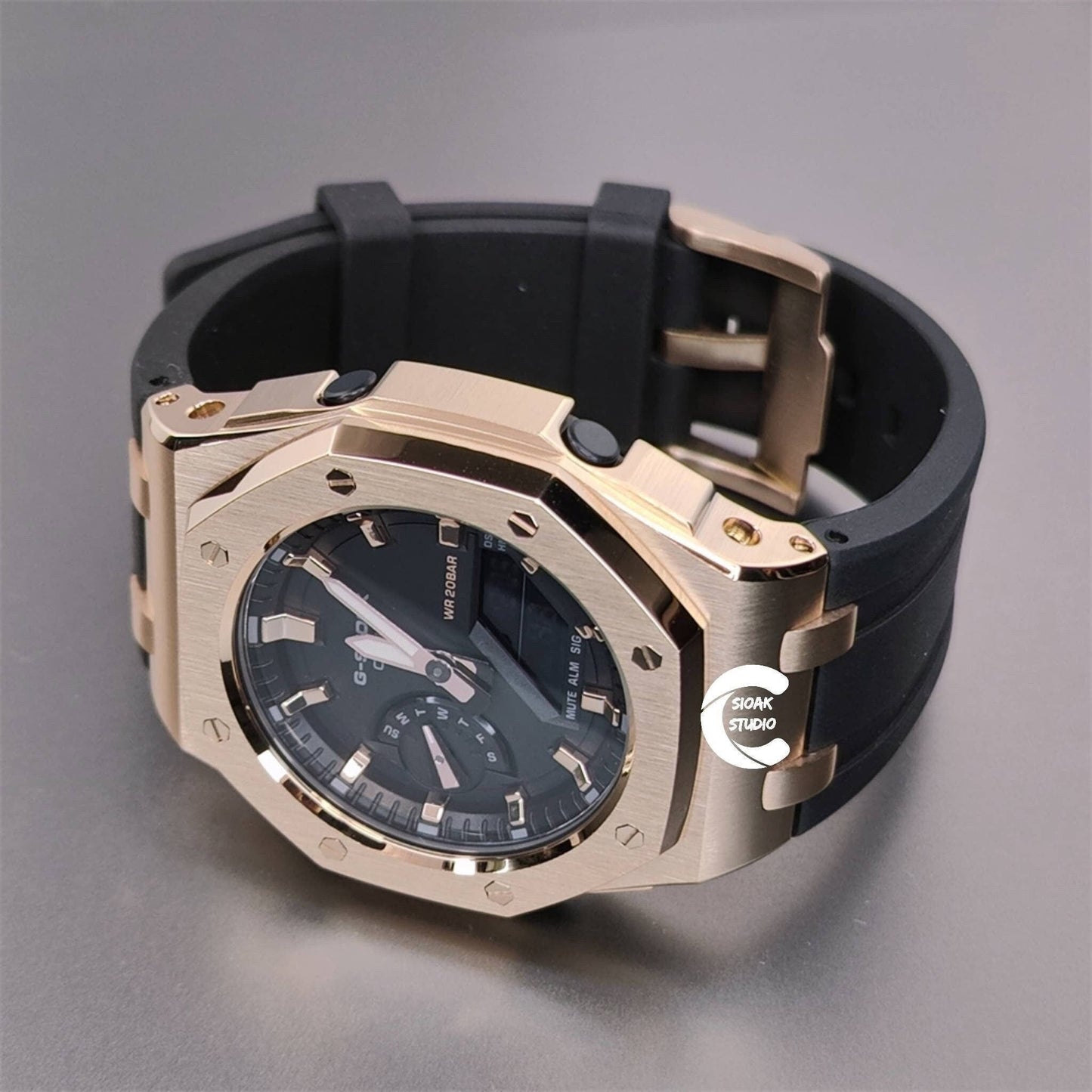 Casioak Mod Watch Offshore Superior Rose Gold Case Black Rubber Rubber Strap Black Rose Gold Time Mark Black Dial 42mm- Casioak Mod Casio G-Shock Royal Oak Custom Mens Luxury Watches Ga2100