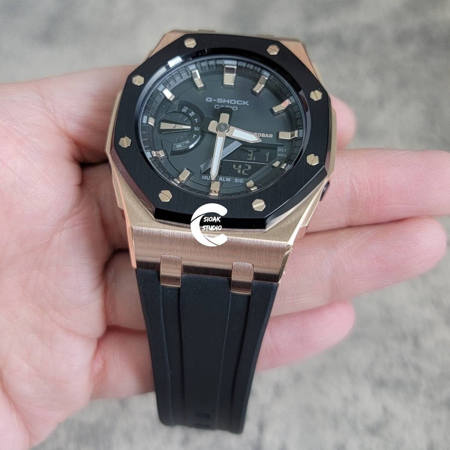 Casioak Mod Watch Offshore Superior Rose Gold Case Black Rubber Strap Black Rose Gold Time Mark Black Dial 42mm- Casioak Mod Casio G-Shock Royal Oak Custom Mens Luxury Watches Ga2100