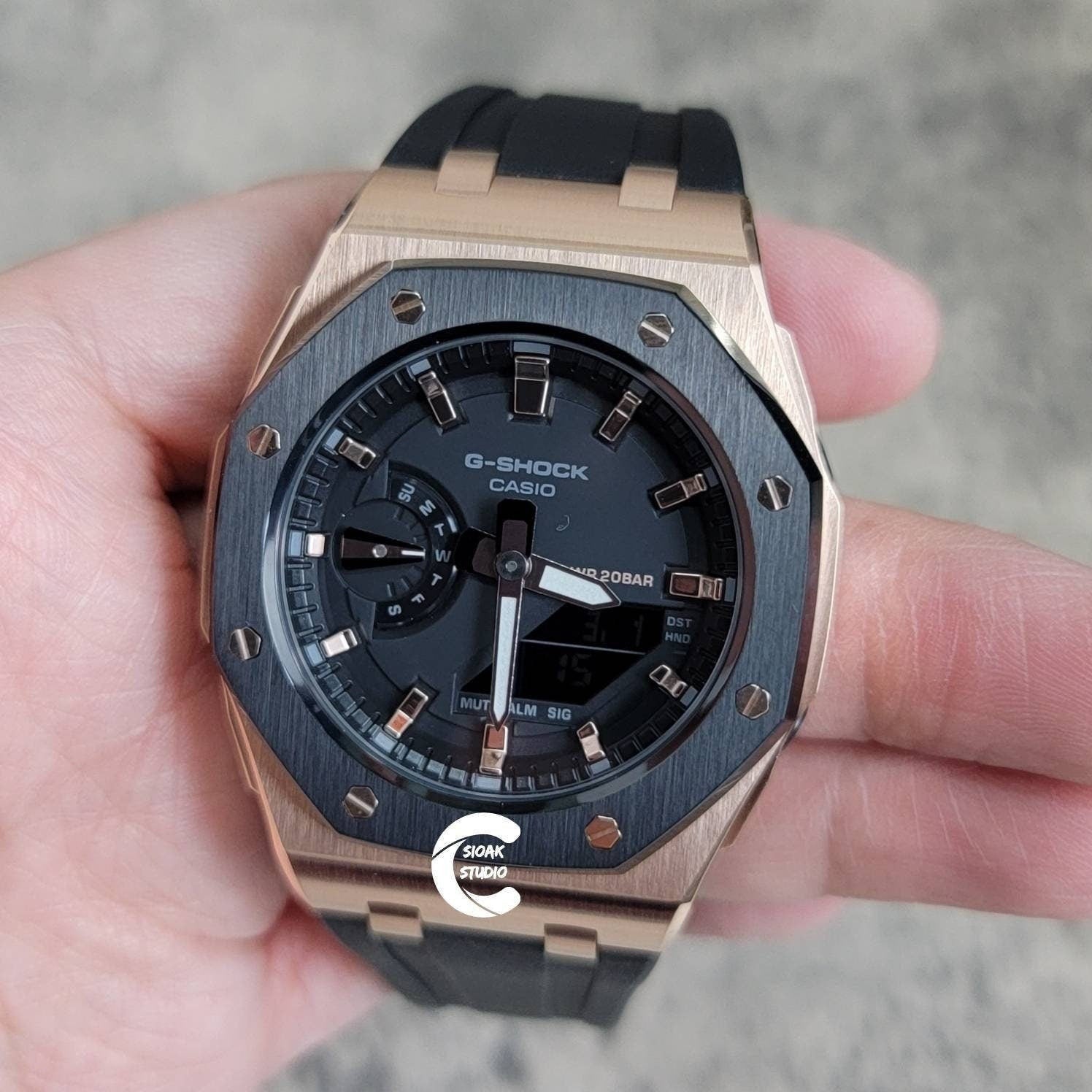 Casioak Mod Watch Offshore Superior Rose Gold Case Black Rubber Strap Black Rose Gold Time Mark Black Dial 42mm- Casioak Mod Casio G-Shock Royal Oak Custom Mens Luxury Watches Ga2100