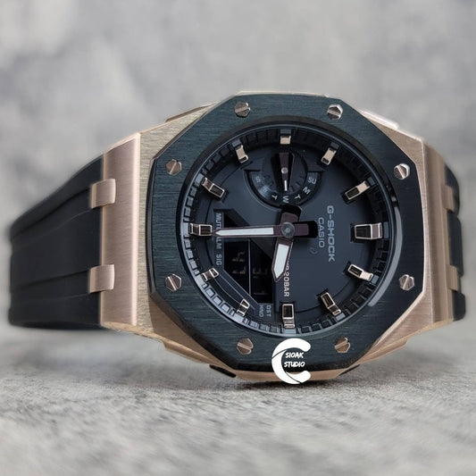 Casioak Mod Watch Offshore Superior Rose Gold Case Black Rubber Strap Black Rose Gold Time Mark Black Dial 42mm- Casioak Mod Casio G-Shock Royal Oak Custom Mens Luxury Watches Ga2100