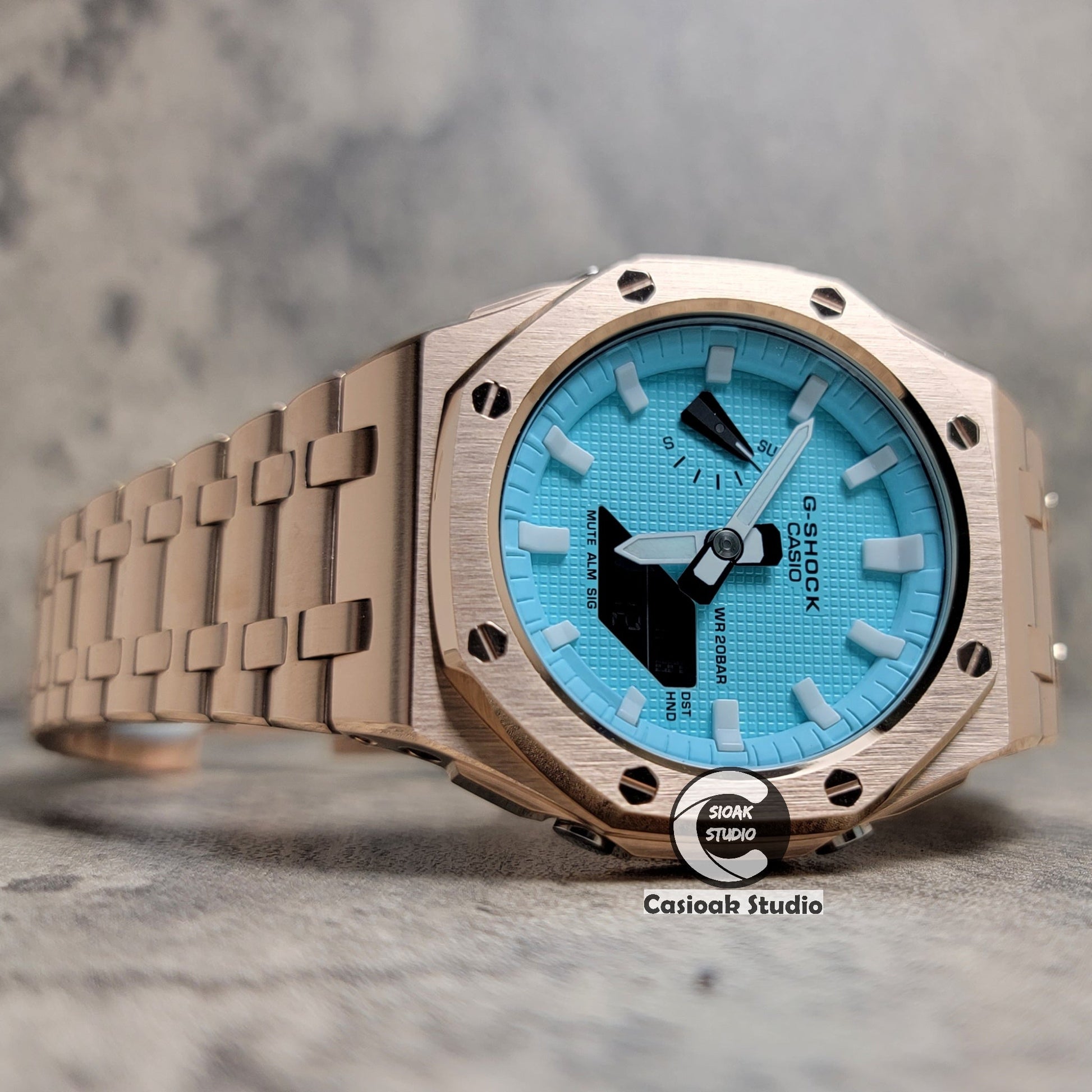 Casioak Mod Watch Offshore Superior Rose Gold Case Metal Strap Tiff White Time Mark Tiff Blue Dial 44mm- Casioak Mod Casio G-Shock Royal Oak Custom Mens Luxury Watches Ga2100