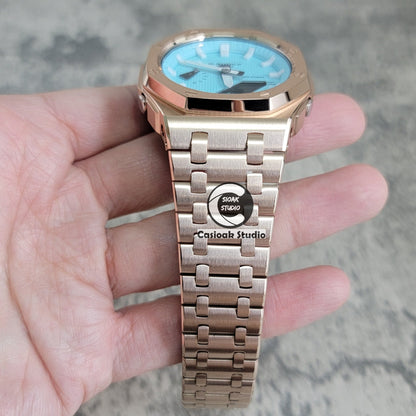 Casioak Mod Watch Offshore Superior Rose Gold Case Metal Strap Tiff White Time Mark Tiff Blue Dial 44mm- Casioak Mod Casio G-Shock Royal Oak Custom Mens Luxury Watches Ga2100