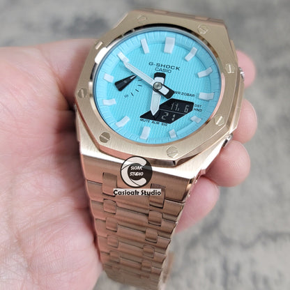 Casioak Mod Watch Offshore Superior Rose Gold Case Metal Strap Tiff White Time Mark Tiff Blue Dial 44mm- Casioak Mod Casio G-Shock Royal Oak Custom Mens Luxury Watches Ga2100