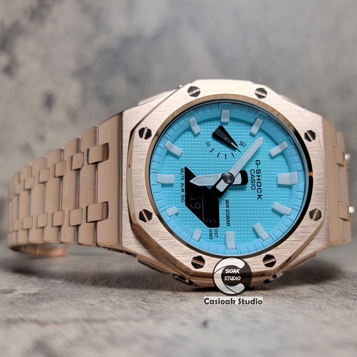 Casioak Mod Watch Offshore Superior Rose Gold Case Metal Strap Tiff White Time Mark Tiff Blue Dial 44mm- Casioak Mod Casio G-Shock Royal Oak Custom Mens Luxury Watches Ga2100