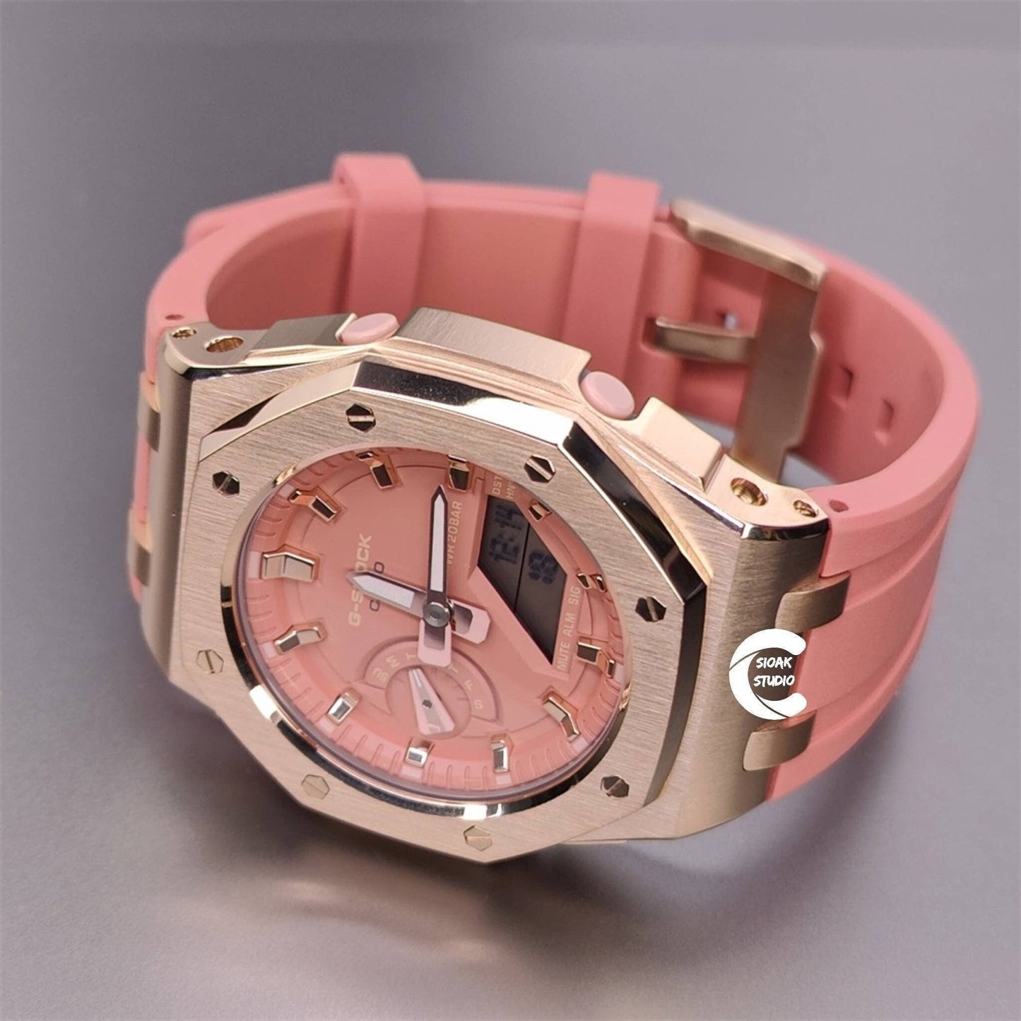 Casioak Mod Watch Offshore Superior Rose Gold Case Pink Rubber Strap Pink Rose Gold Time Mark Pink Dial 42mm- Casioak Mod Casio G-Shock Royal Oak Custom Mens Luxury Watches Ga2100