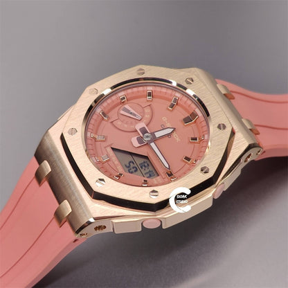 Casioak Mod Watch Offshore Superior Rose Gold Case Pink Rubber Strap Pink Rose Gold Time Mark Pink Dial 42mm- Casioak Mod Casio G-Shock Royal Oak Custom Mens Luxury Watches Ga2100